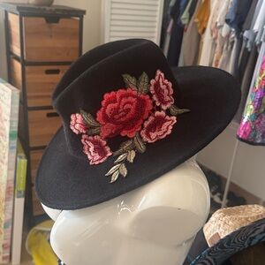 Floral Embroidered Black Hat